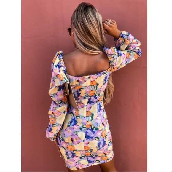 Blue Bodycon Mini Dress with Bishop Sleeves and Square Neckline - Picture 3 of 10